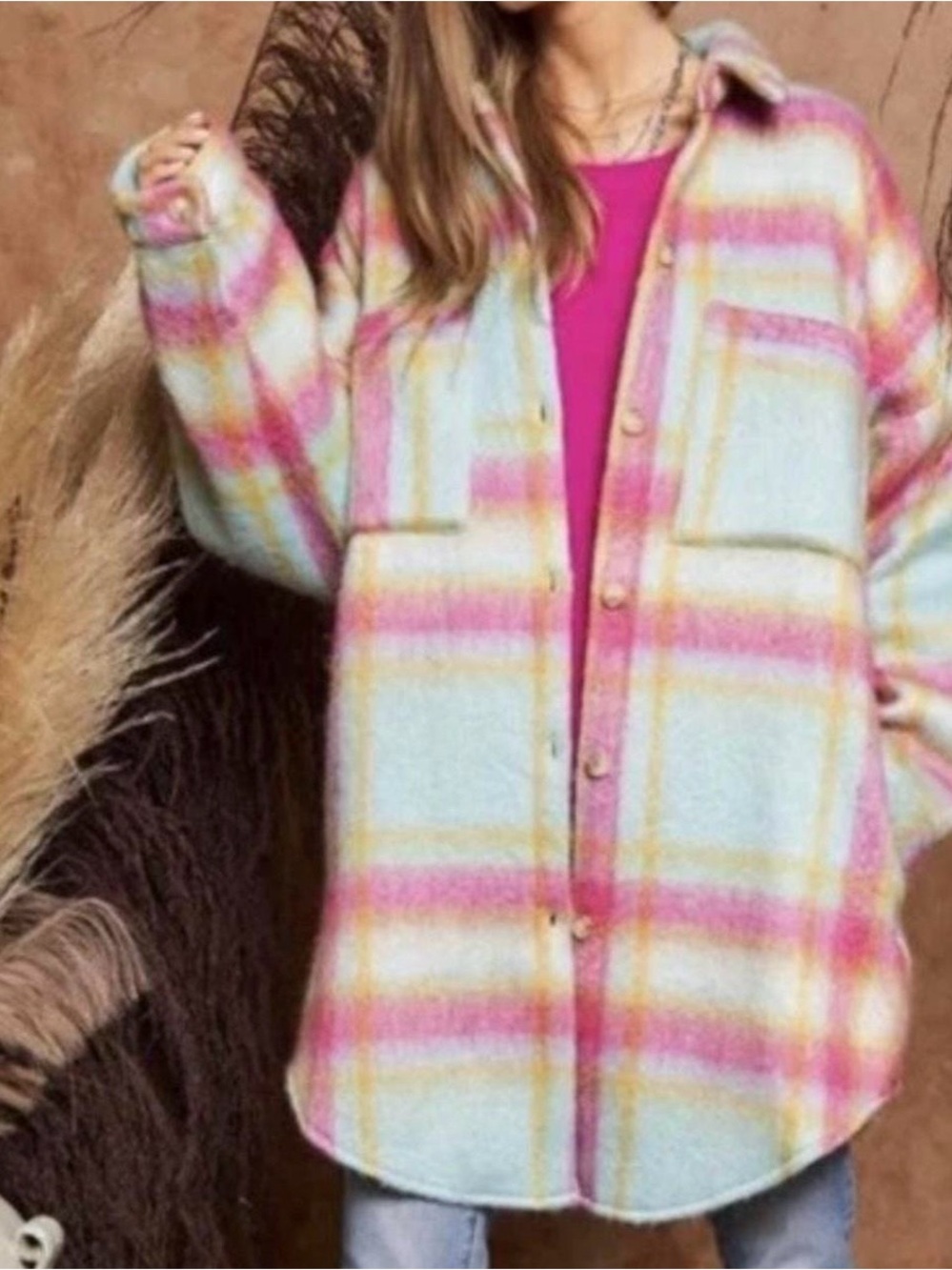 Davi & Dani Oversized Soft Fleece Pastel Plaid Shacket Large